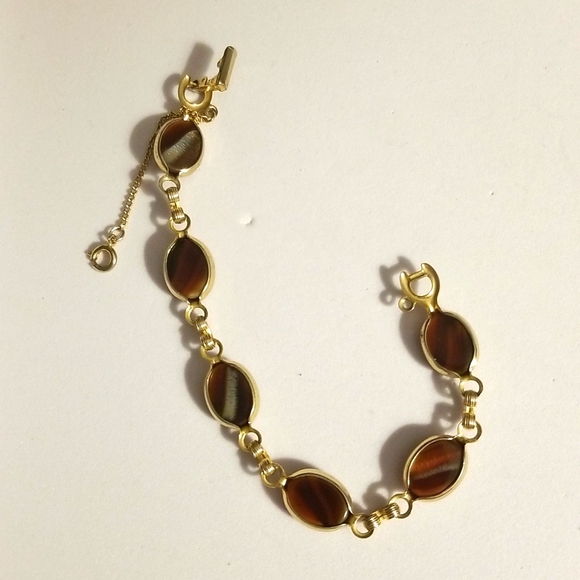 Sarah Cov Mid Century Agate Cabochons Golden Bracelet W Dafety Chain - Picture 11 of 15